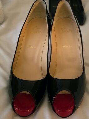 Christian Louboutin Black Patent Peep-Toe Pumps with Red Toes